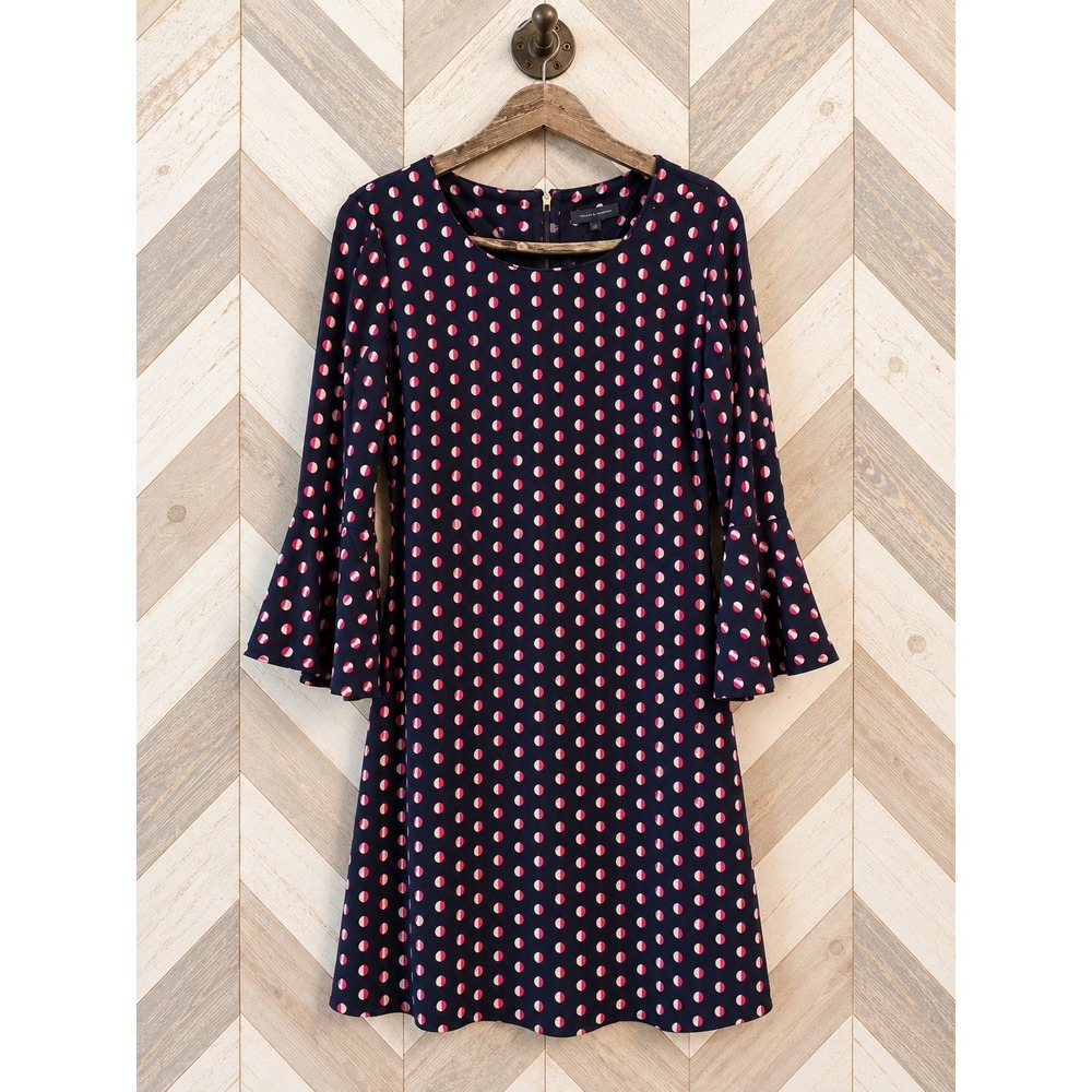 Tommy Hilfiger Polka Dot Bell Sleeve Shift Dress Navy Pink Size 8 EUC